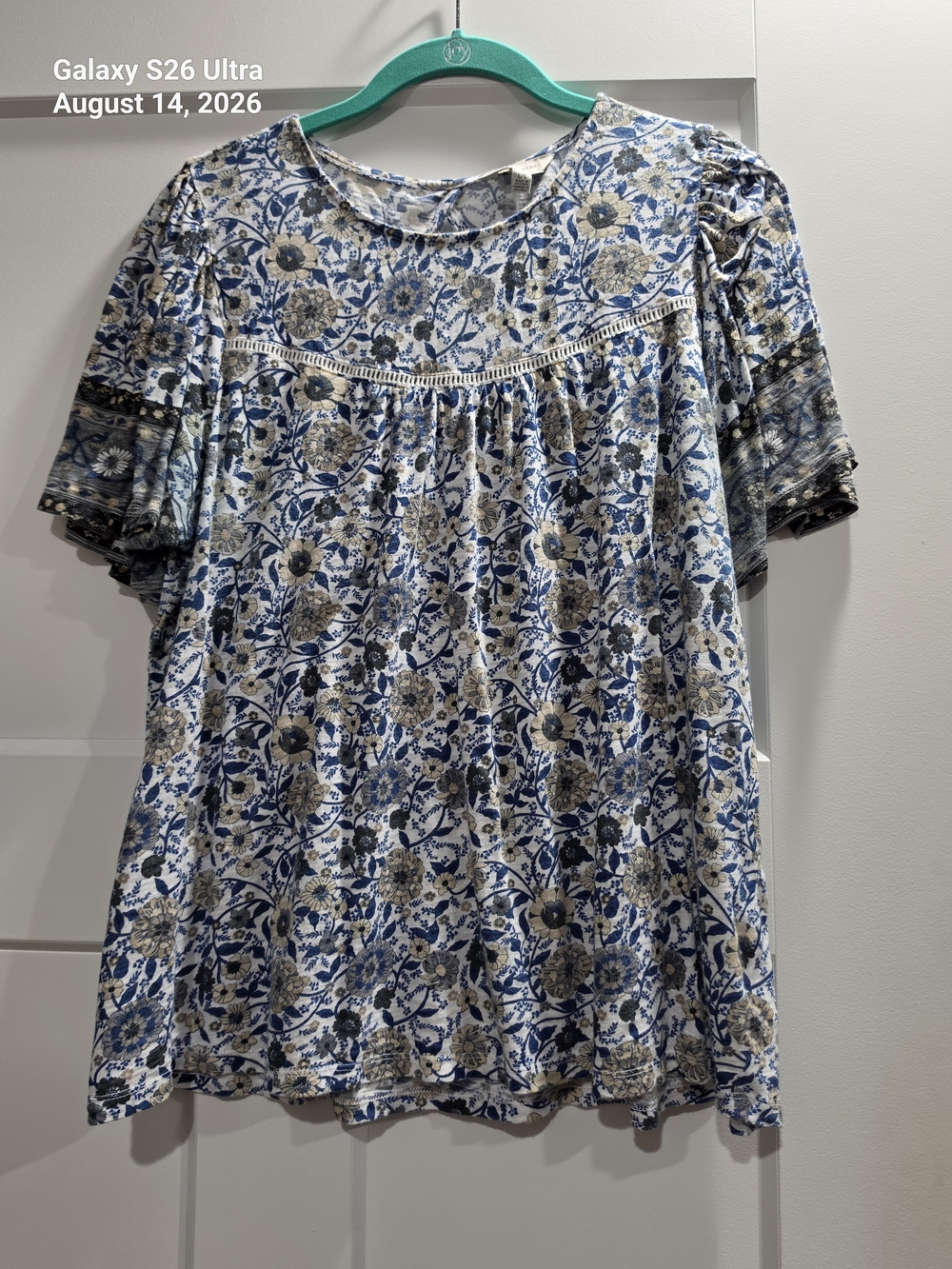 Lucky Brand Blue and Cream Floral Smocked Yoke Top